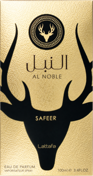 Lattafa Al Noble Safeer perfumy 100ml. Luksusowe złote pudełko z czarnym wizerunkiem jelenia, widok z przodu.