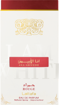 Perfumy Lattafa Ana Abiydh Rouge, białe pudełko z czerwoną opaską i złotymi detalami, widok z przodu.