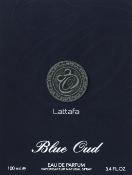 Lattafa Blue Oud Eau de Parfum w eleganckim, ciemnoniebieskim opakowaniu ze srebrnym emblematem, widok z przodu.