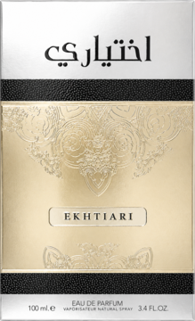 Lattafa Ekhtiari Eau De Parfum w srebrno-złotym pudełku z czarnym pasem, arabskim wzorem i pojemnością 100 ml.