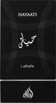 Opakowanie perfum Lattafa Hayaati, czarny kartonik z białym napisem i arabską kaligrafią, widok z przodu.