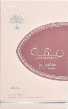 Lattafa Mohra Silky Rose EDP, beżowo-różowe pudełko z napisem Mohra i srebrnym drzewem, widok z przodu.