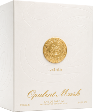 Białe pudełko perfum Lattafa Opulent Musk 100 ml z widocznym złotym emblematem i napisem, ujęcie pod kątem.