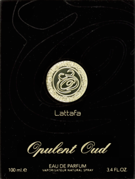 Czarne pudełko perfum Lattafa Opulent Oud 100ml. Złote napisy i okrągły emblemat, widok z przodu.