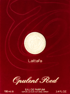 Lattafa Opulent Red Eau De Parfum 100ml, luksusowe czerwone opakowanie ze złotym emblematem Lattafa, widok z przodu.
