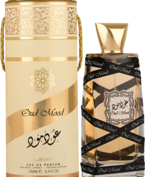 Lattafa Perfumes Oudh Mood: złota butelka perfum z czarną wstążką, stoi obok złotego, zdobionego pudełka.