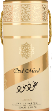 Lattafa Oud Mood Eau de Parfum, cylindryczne pudełko w kolorze kremowo-złotym z arabskimi zdobieniami, widok z przodu.