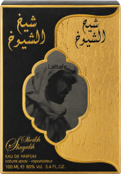 Lattafa Al Sheikh Shuyukh, czarno-złote opakowanie wody perfumowanej 100ml, z portretem mężczyzny, widok z przodu.