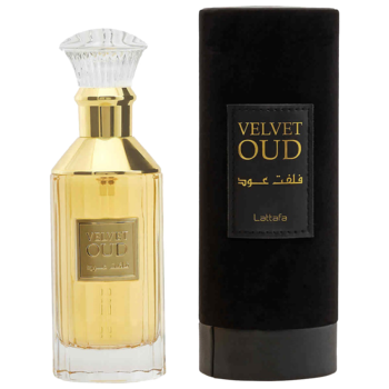 Złoty flakon perfum Lattafa Velvet Oud i czarne pudełko, widok z przodu. Luksusowy zapach arabski.
