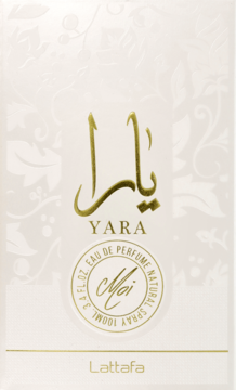 Białe pudełko perfum Lattafa Yara Eau de Parfum z złotym arabskim napisem i okrągłą pieczęcią, widok z przodu.