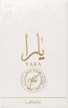 Lattafa Yara Eau de Parfum, kremowe opakowanie z teksturowanym wzorem i złotym logo, widok z przodu.