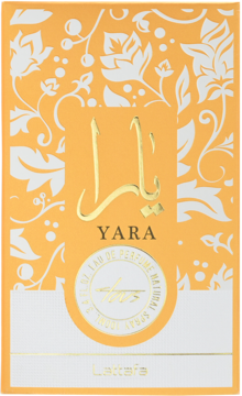 Lattafa Yara, arabskie perfumy EDP w pomarańczowym pudełku z białym wzorem i złotym napisem, widok z przodu.
