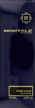 Montale Paris Dark Aoud, granatowe pudełko perfum z złotym logo i napisami, widok z przodu, 100ml.