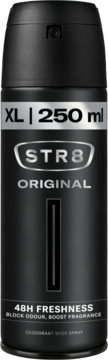STR8 Original męski dezodorant w sprayu, czarna butelka 250 ml z srebrnym napisem, 48H FRESHNESS.