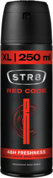 Czarny dezodorant STR8 Red Code 250 ml z czerwoną grafiką i srebrnym logo STR8, widok frontalny.