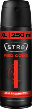 Dezodorant STR8 Red Code 250ml w czarnej puszce z czerwonym logo, napisem 48H FRESHNESS, widok z przodu.