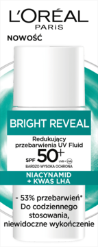 L'Oréal Paris Bright Reveal SPF 50+ Redukujący przebarwienia UV Fluid, biało-turkusowa butelka, front.