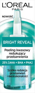 L'Oréal Paris Bright Reveal peeling kwasowy na przebarwienia, biała butelka z turkusowym akcentem, 25% AHA BHA PHA.