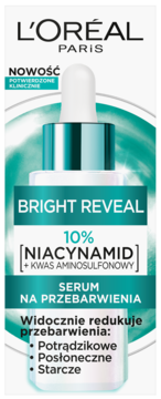 L'Oréal Bright Reveal serum 10% Niacynamid na przebarwienia, biała butelka z zieloną etykietą, widok z przodu.