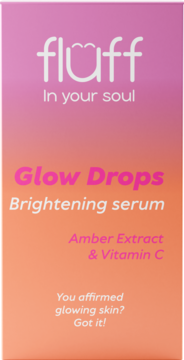 Fluff Glow Drops Brightening serum w różowo-pomarańczowym opakowaniu, z witaminą C i ekstraktem z bursztynu, widok z przodu.