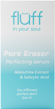 Serum Pore Eraser we fluff, biało-turkusowe pudełko, widok z przodu, z malachitem i kwasem salicylowym.