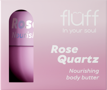 Fluff Rose Quartz odżywcze masło do ciała w różowym pudełku, z różową kapsułą. Widok z przodu.