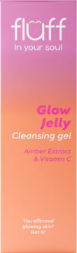 Opakowanie Fluff Glow Jelly Cleansing Gel z bursztynem i witaminą C, gradient róż-pomarańcz, widok z przodu.