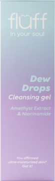 fluff Dew Drops Cleansing gel z ametystu i niacynamidu, fioletowo-niebieskie opakowanie, widok z przodu.