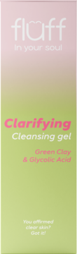 Fluff Clarifying Cleansing gel z glinką zieloną i kwasem glikolowym. Różowo-zielone opakowanie, widok z przodu.