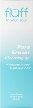 Fluff Pore Eraser Cleansing gel, biało-niebieskie opakowanie z malachitem i kwasem salicylowym, front.