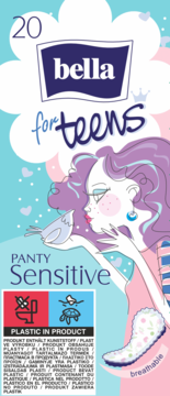 Opakowanie wkładek Bella For Teens Sensitive. Widok z przodu, różowo-niebieskie z dziewczyną, PANTY SENSITIVE, breathable.