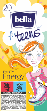 Bella Panty Energy, opakowanie wkładek z rysunkową nastolatką, napisy: "for teens", "20", "breathable".