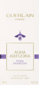 Pudełko perfum Guerlain Aqua Allegoria Flora Salvaggia EDT 125ml, białe, z fioletową pszczołą i złotymi napisami.