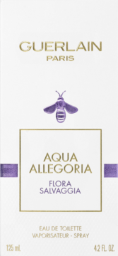 Białe opakowanie Guerlain Aqua Allegoria Flora Salvaggia Eau de Toilette 125 ml z fioletową pszczołą, widok z przodu.