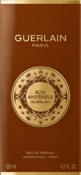 Guerlain Bois Mysterieux Eau de Parfum w brązowym pudełku z złotymi detalami, widok z przodu, 125 ml.