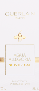 Guerlain Aqua Allegoria Nettare Di Sole Eau de Toilette w białym pudełku z złotym napisem i pszczołą, widok z przodu.