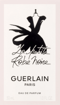 Białe pudełko Guerlain La Petite Robe Noire Eau de Parfum, z rysunkiem czarnej sukienki, widok z przodu.