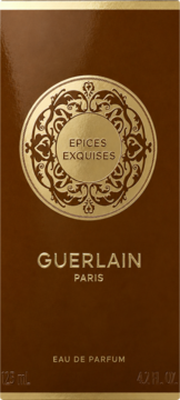 Brązowe, pionowe pudełko Guerlain Epices Exquises EDP 125ml, ze złotym ozdobnym emblematem i napisami. Widok z przodu.