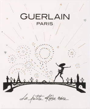 Guerlain La Petite Robe Noire perfumy, białe pudełko z Paryskim horyzontem i tańczącą kobietą, widok z przodu.