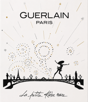 Guerlain La Petite Robe Noire, ilustracja: czarno-złota scena Paryża z tańczącą kobietą i fajerwerkami.