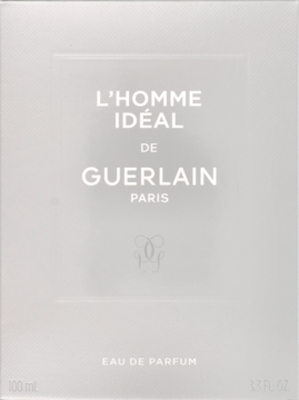 Guerlain L'Homme Idéal Eau de Parfum box, minimalist light grey with white text and subtle embossed logo.