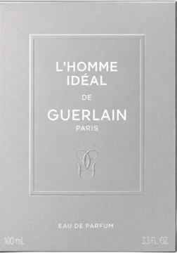 Jasnoszare pudełko perfum Guerlain L'Homme Idéal EDP 100ml, z wytłoczonym logo Guerlain. Widok z przodu.