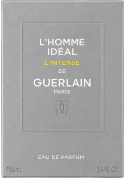 Szare kartonowe pudełko perfum Guerlain L'Homme Ideal L'Intense Eau de Parfum, widok z przodu.