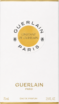Białe opakowanie Guerlain L'Instant de Guerlain Eau de Parfum 75 ml, z okrągłym, złotym logo, widok z przodu.