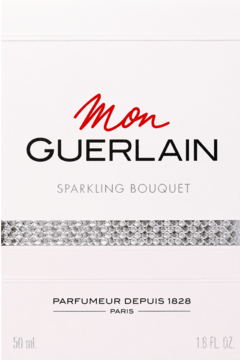 Guerlain Mon Sparkling Bouquet woda perfumowana, białe pudełko 50 ml, srebrny, geometryczny pasek, czerwony napis Mon.
