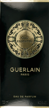 Czarne opakowanie perfum Guerlain Oud Essentiel 75ml Eau de Parfum, ze złotym logo i napisami, widok z przodu.