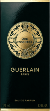 Guerlain Oud Essentiel Eau de Parfum 125ml, czarne opakowanie ze złotym logo i napisem, widok z przodu.