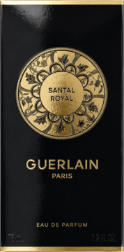 Czarny kartonik Guerlain Santal Royal EDP ze złotym okrągłym ornamentem i napisami, widok z przodu.