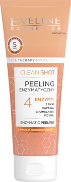 Brzoskwiniowa tubka Eveline Clean Shot Enzymatic Peeling z białym wieczkiem, widok z przodu, z tekstem "4 ENZYMY".