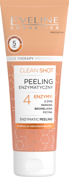 Brzoskwiniowa tubka Eveline Clean Shot Enzymatic Peeling z białym wieczkiem, widok z przodu, z tekstem "4 ENZYMY".
